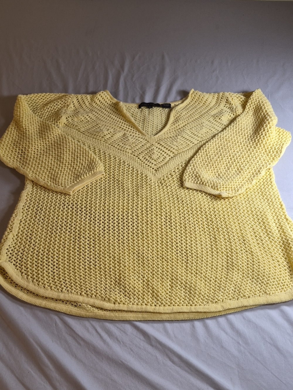 JEANNE PIERRE Pale Yellow Open-Knit V-Neck Sweater XL